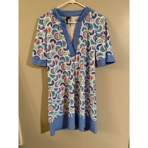 AQUETTSO Summer Print Tunic Dress Women's Size L Blue Pink Geometric V-Neck